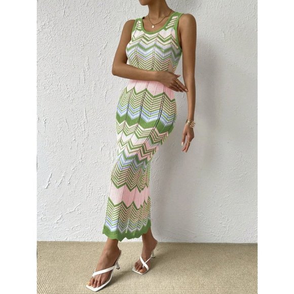 Boho Chevron Pattern Pointelle Knit Sweater Dress - Picture 4 of 6